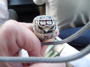 Wanda tried on Carl Beane's 2004 Red Sox World Championship ring when visiting him in the booth.